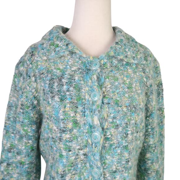 Vintage Y2K Amore Green and Blue Marled Fuzzy Knit Cardigan Sweater L - Picture 2 of 5